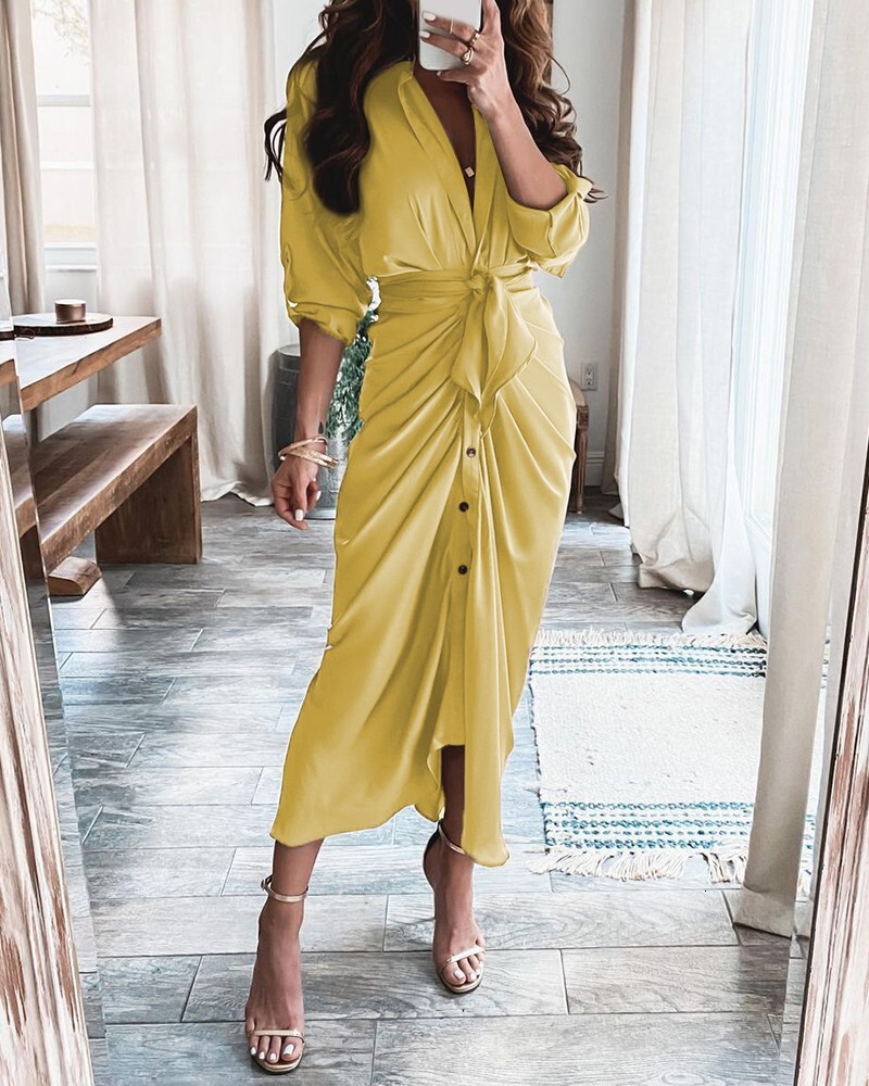 2021 summer long sleeve V-neck button print dress long skirt womens wear