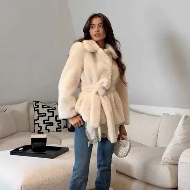 MUJER Faux Fur Plush Jacket Women Fluffy Demi-season Jackets for Women Warm Winter Womens Teddy Coats Belt New in Outerwears J251124