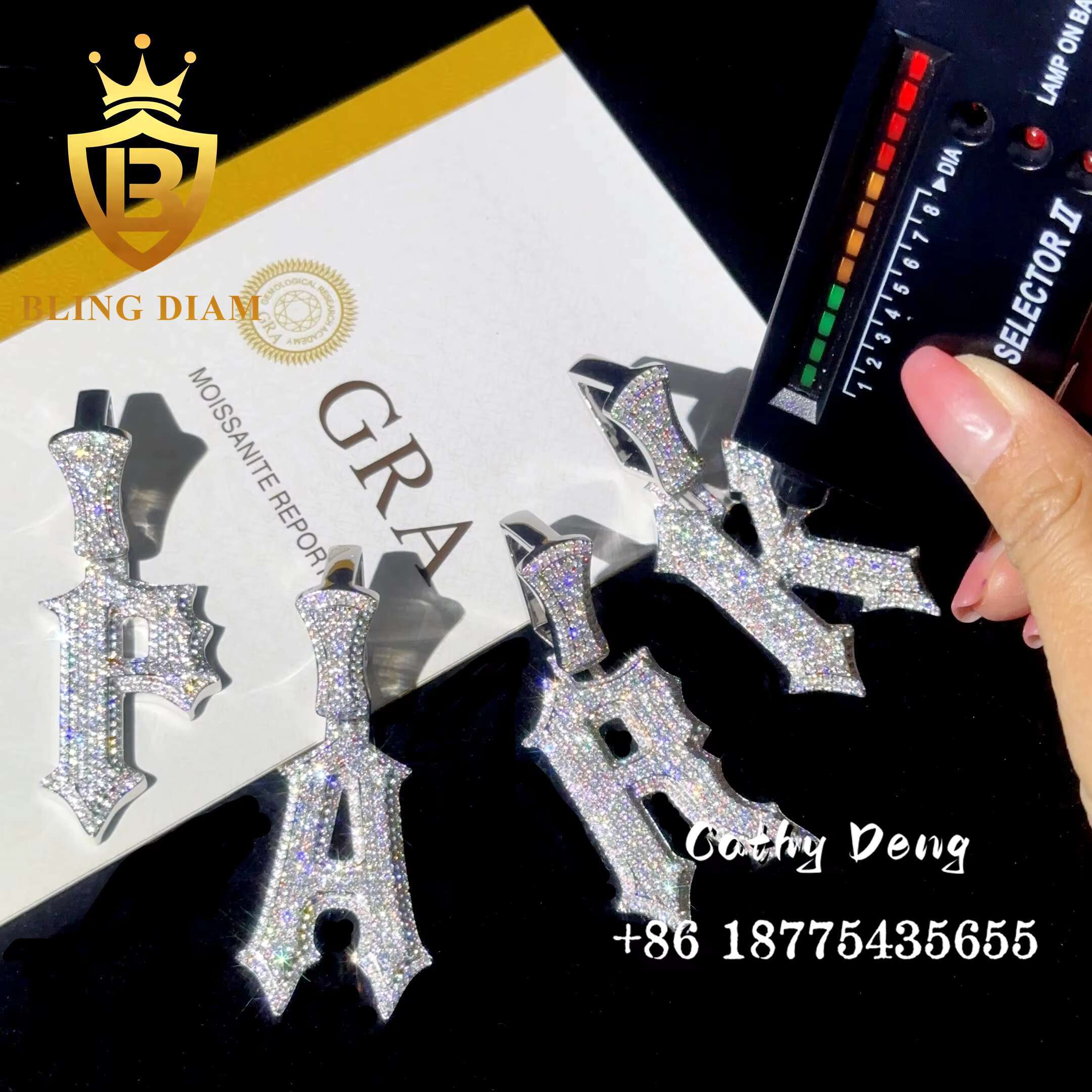 New Custom Moissanite Hip Hop Pendant Ice Out 925 Sterling Silver Charm Moissanite Letter Pendant for Necklace Chain