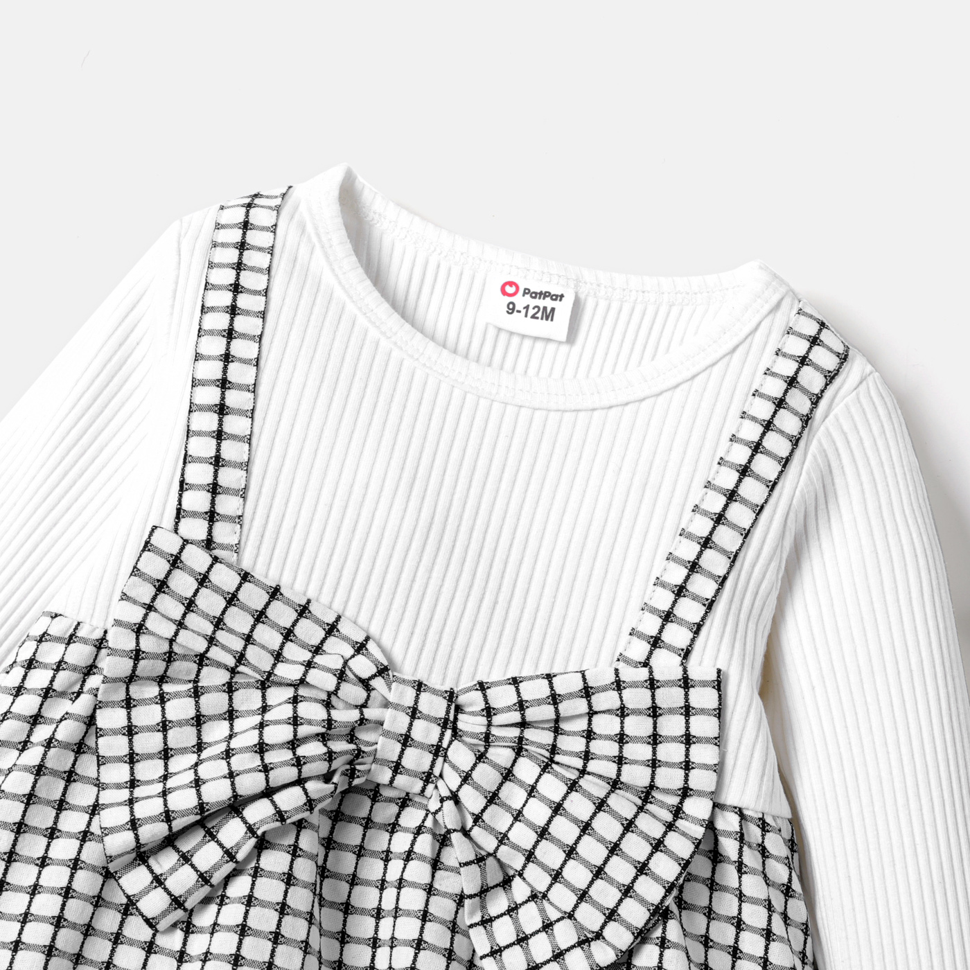 PatPat 3pcs Baby Girl Solid Cotton Ribbed Long-sleeve Faux-two Gingham Print Bow Front Top and Flared Pants & Headband Set