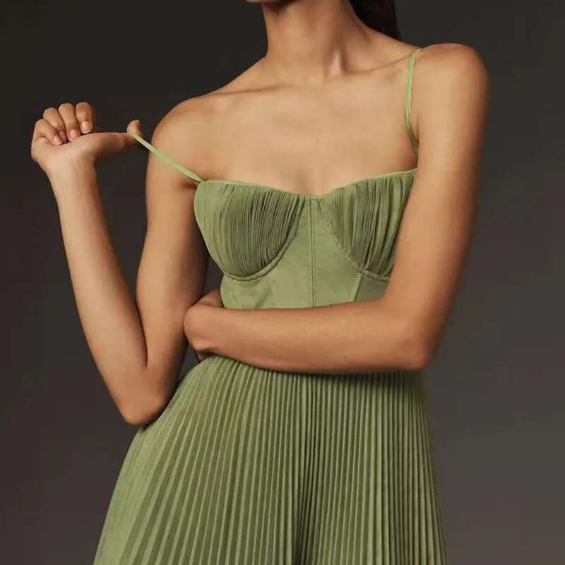 New Spring Summer Solid Pleated Dresses Women Sexy Strapless Hollow A-Line Long Casual Sleeveless Backless Zip Sling Dress