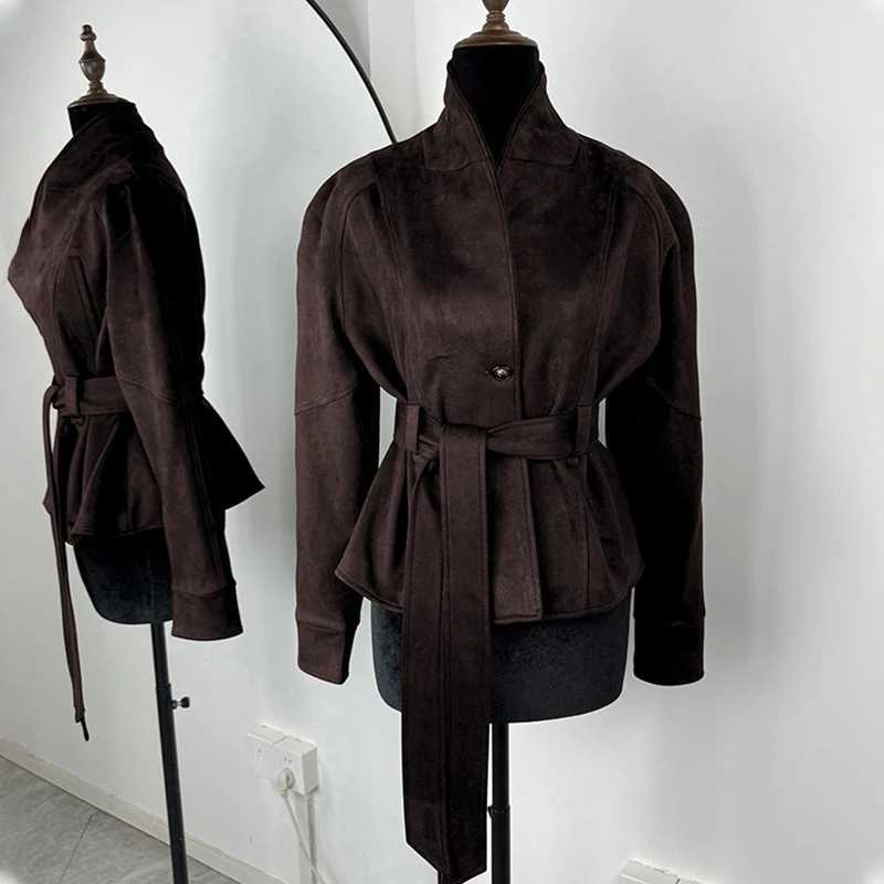 Tornova Retro Suede Long-sleeved Jacket Coat Female V neck Lace Up Jacket 2025 Autumn Winter New Commute Office Lady Outerwear J251124