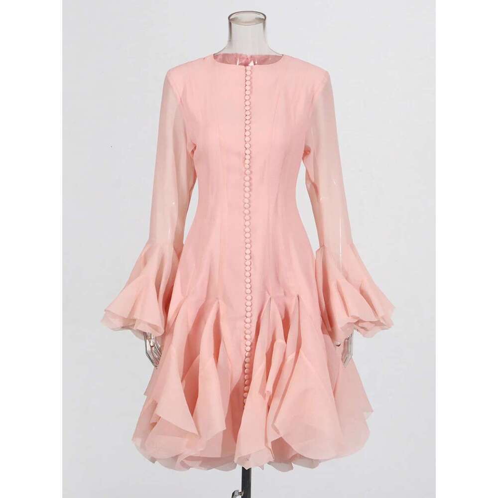 TWOTWINSTYLE Women's Dress Irregular Pleated Patchwork Fashion Long Lantern Sleeve Waist Cinching Mini Dresses 2024 New Clothing