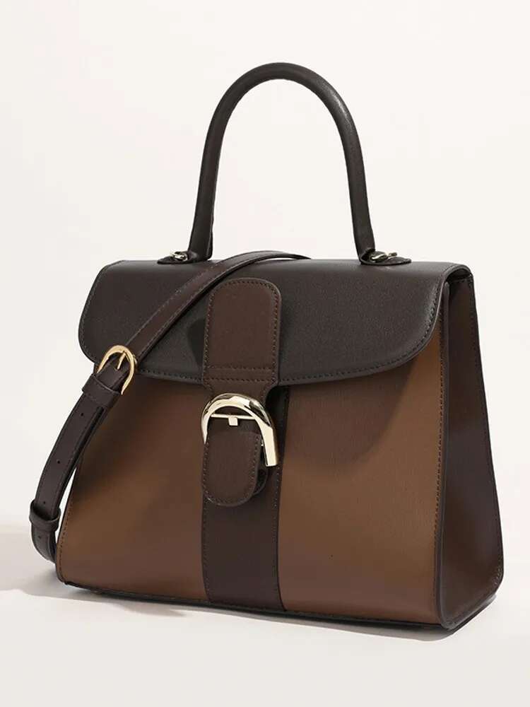 Fashion Office Ladies Work Genuine Leather Shoulder Bag Buckle Flap Totes Handbag Women Designer Cowhide Strap Crossbody Bags