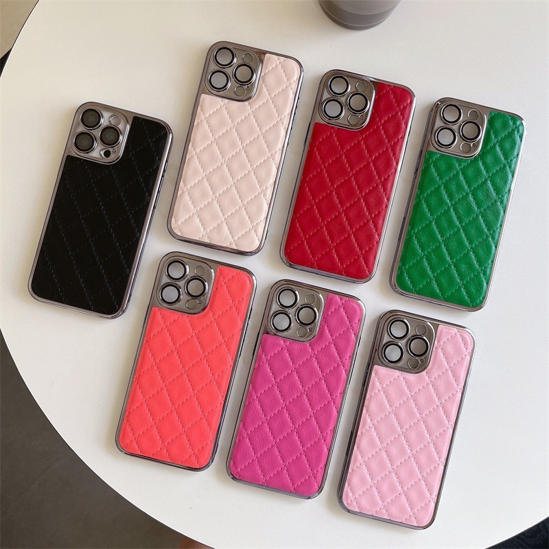 Electroplated Edge Diamond Grid Phone Case Compatible with iPhone 17 Pro Max Solid Color Faux Leather Case iPhone 16/15