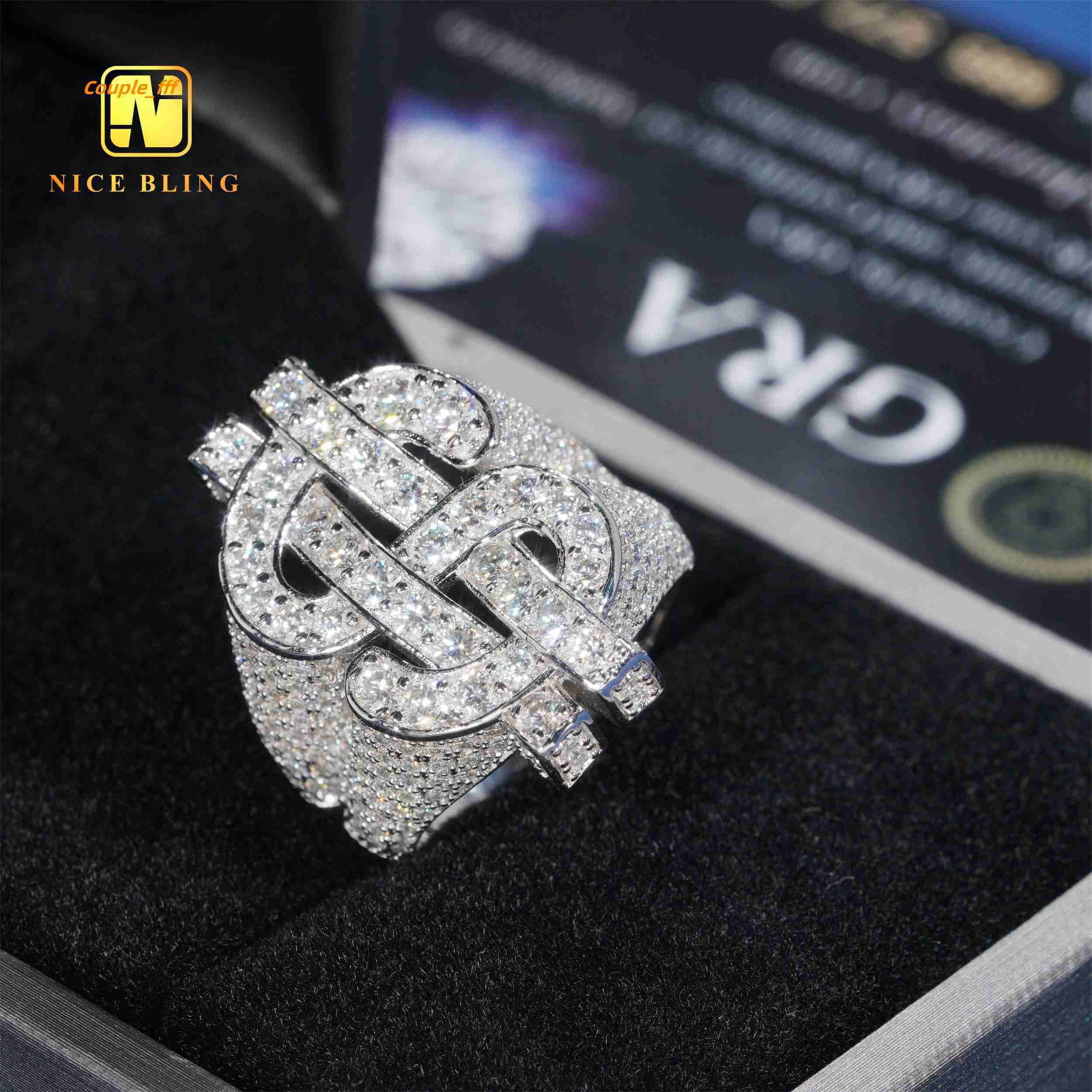 Rhodium Plated 925 Sterling Silver Jewelry Iced Out Dollar Rings Hip Round Brilliant Moissanite Rings for Men and Women