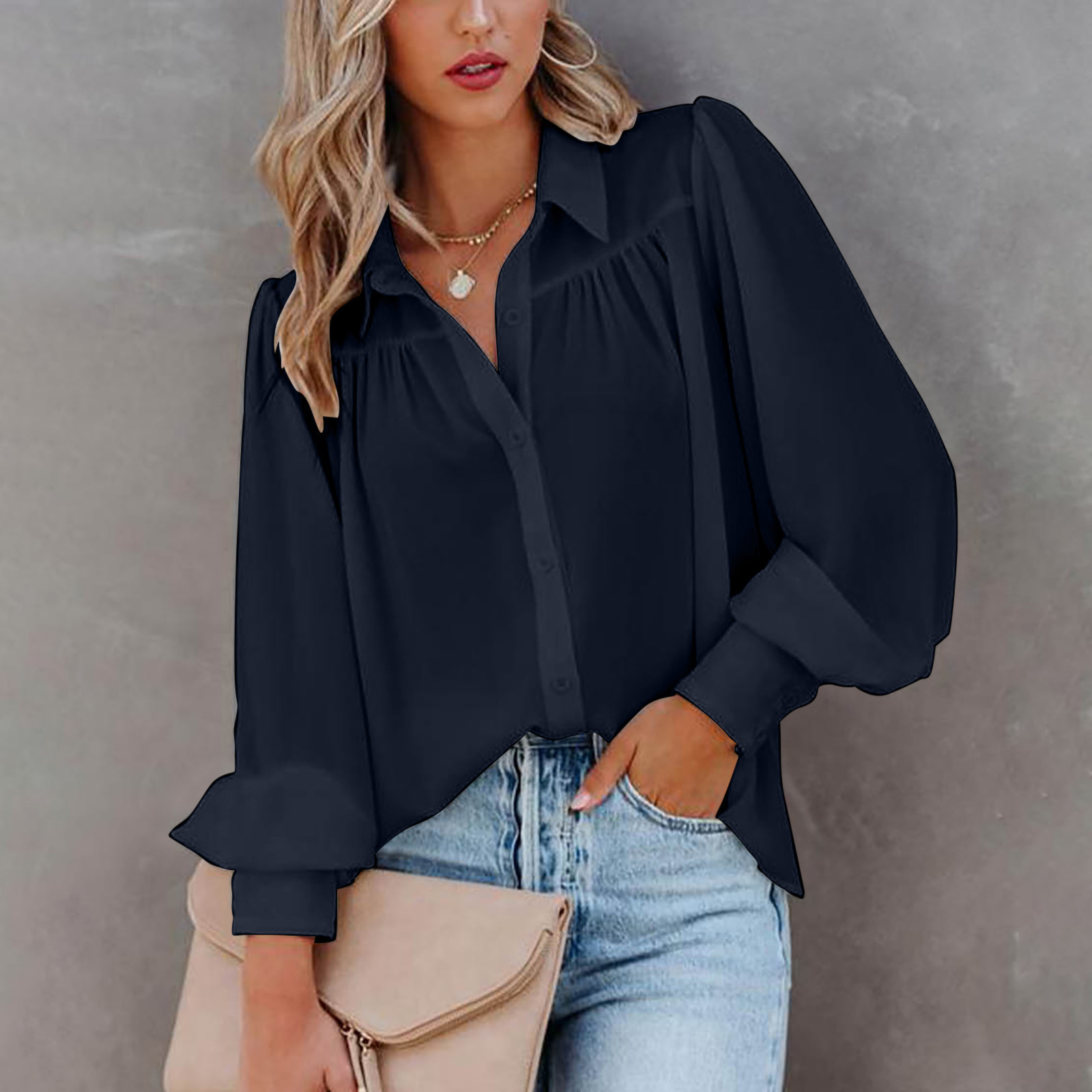 2022 Yama long sleeve button up top Lantern Sleeve pleated solid color stand collar loose shirt womens wear