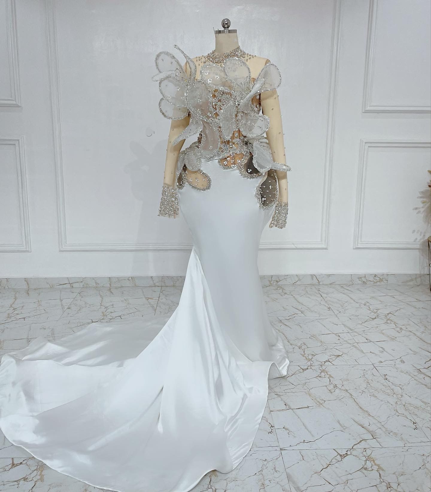 Aso Ebi White Mermaid Prom Florals Beaded Crystals Satin Evening Formal Party Second Reception Birthday Engagement Gowns Dress Robe De Soiree N24 B031
