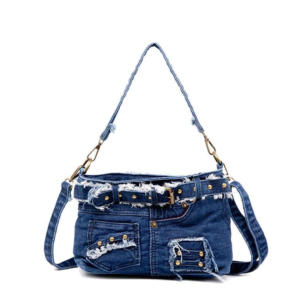 Leisurel Handbag Cool Cowboy Material Jeans Pocket With Metallic Rivets And Buckle Denim Cross Body Bag
