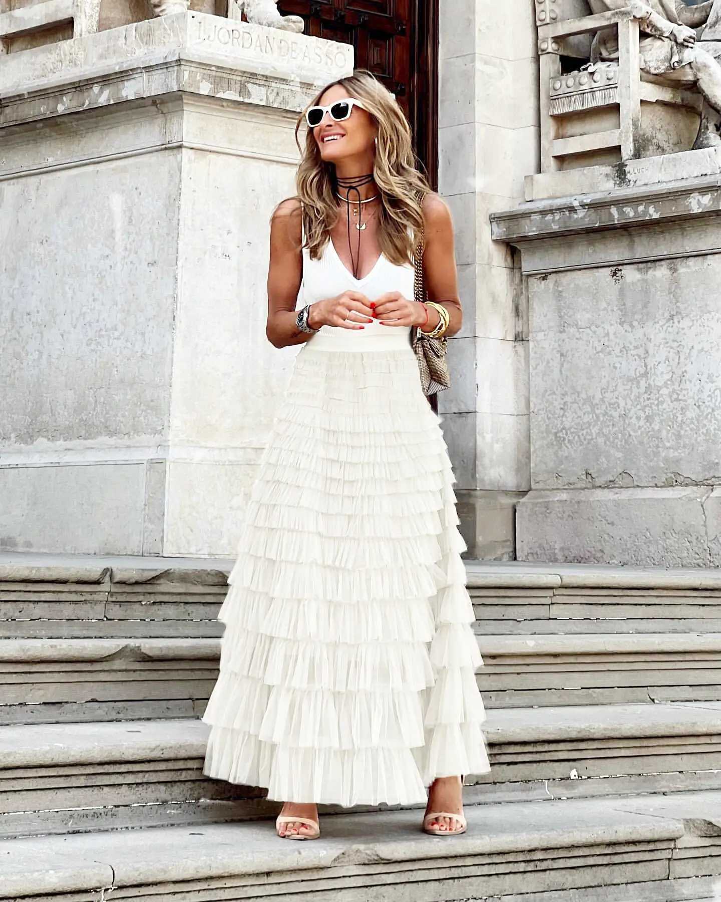 Casual womens solid ball dress long leather chiffon high waisted pleated Tutu leather elegant ladies wild mesh dating Maxi leather drip M250424