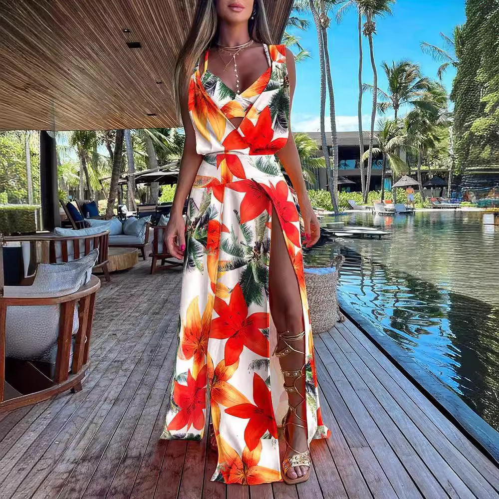 2023 Summer Sleeveless V-Neck Printed Split Bottom Dress Women
