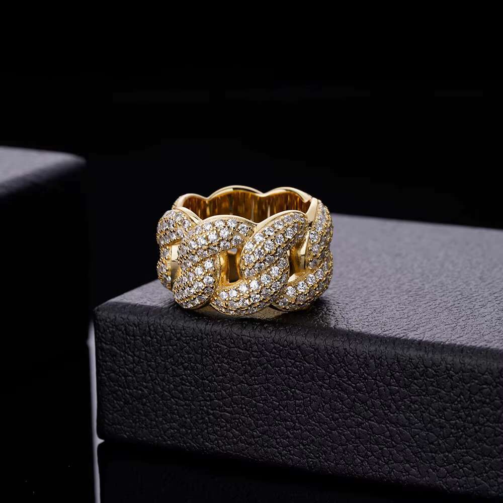 Fine Jewelry Hip Hop Ring Gold Plated Iced Out VVS Moissanite Diamond 925 Sterling Silver Cuban Chain Link Ring for Men