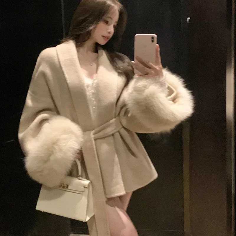 Elegant Ffice Womens Coat Fur Patchwork Long-sleeved Wool Coat Beautiful Womens Clothing Jacket Autumn And Winter J251124
