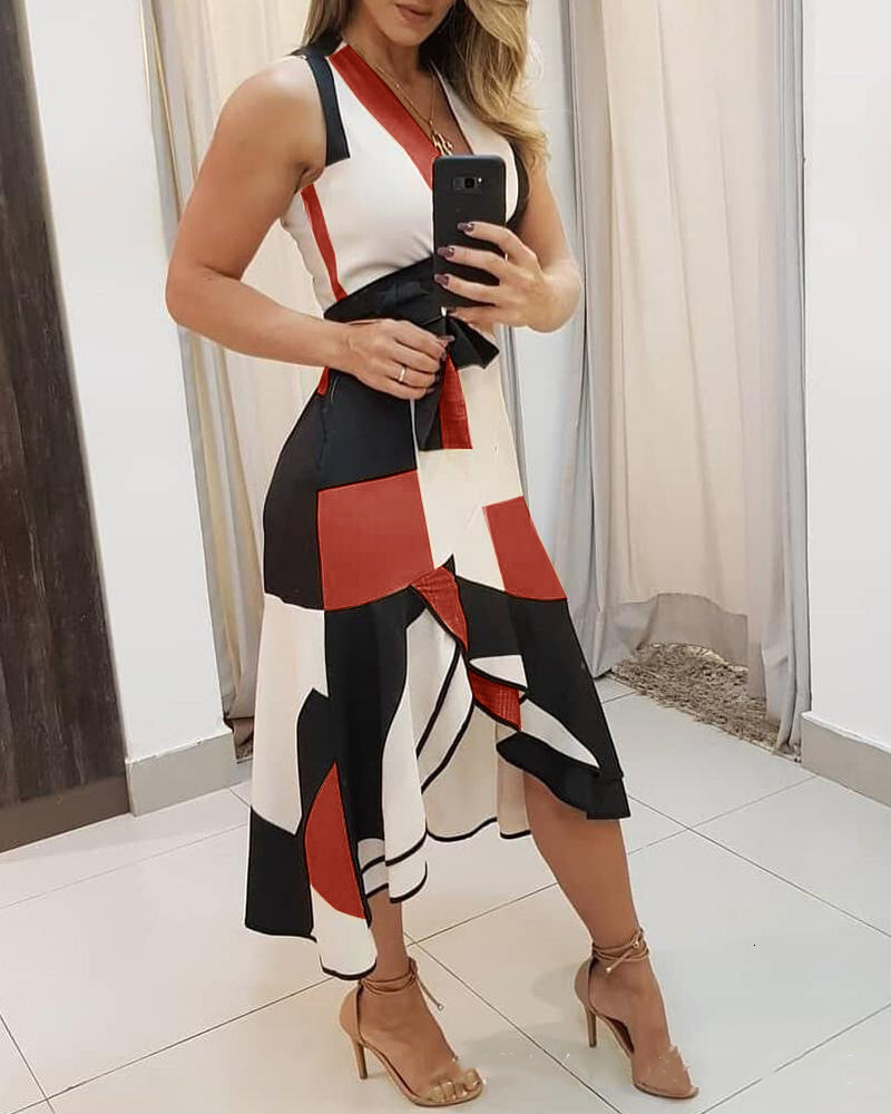 2020 summer V-neck sleeveless contrast printed womens dress