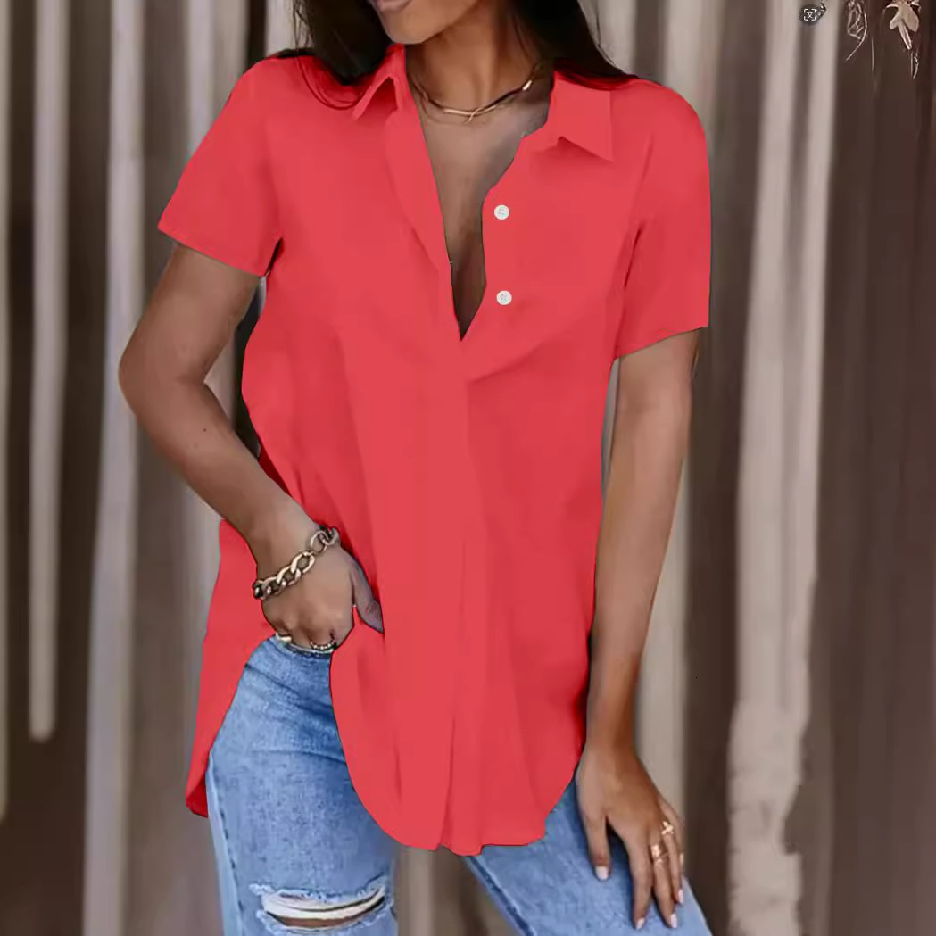 2024 Summer Simple Solid Color V-neck Button Womens Shirt