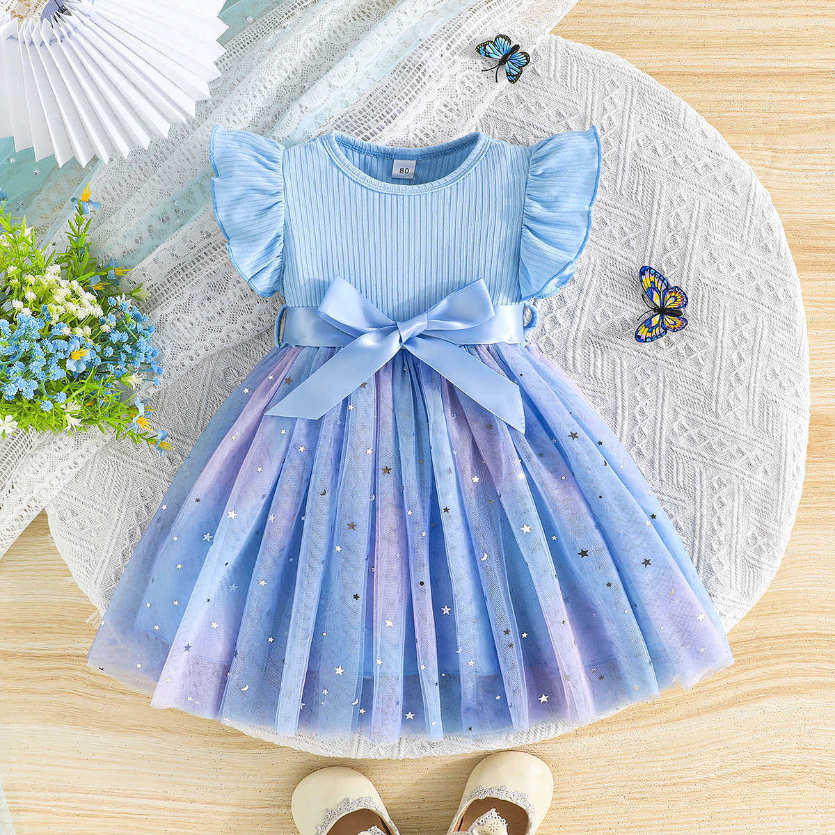 2025 Ins Sweet Beauty Childrens Flying Sleeve Butterfly Knot Mesh Summer Dress Y250423fqir