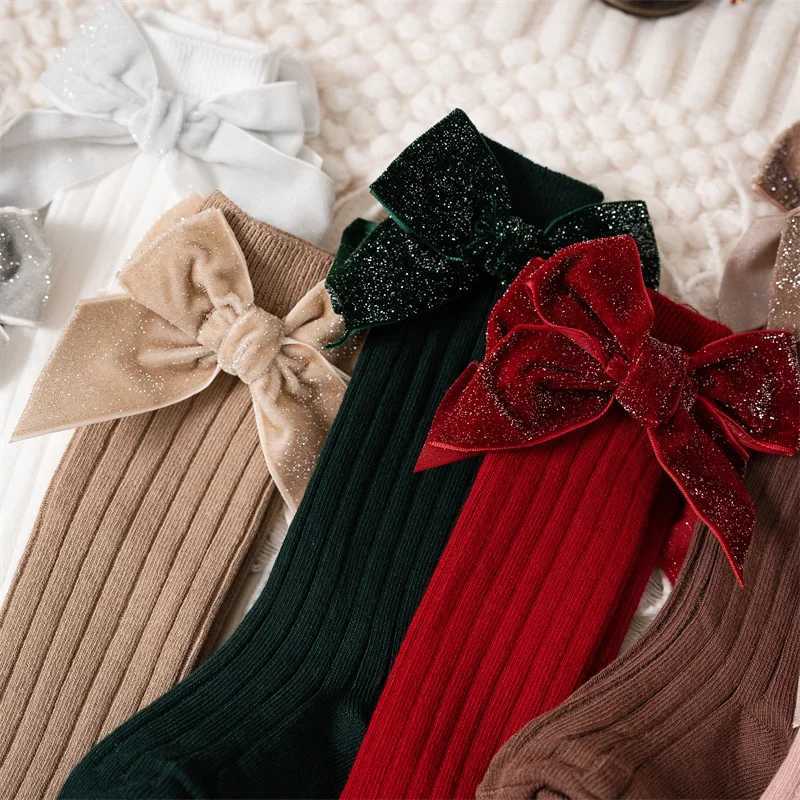 Baby Girls Knee High Socks Autumn Winter Kids Big Bow Long Soft Christmas Sparkly Sock Cotton Red Children Socken For 0-8 Years G251124