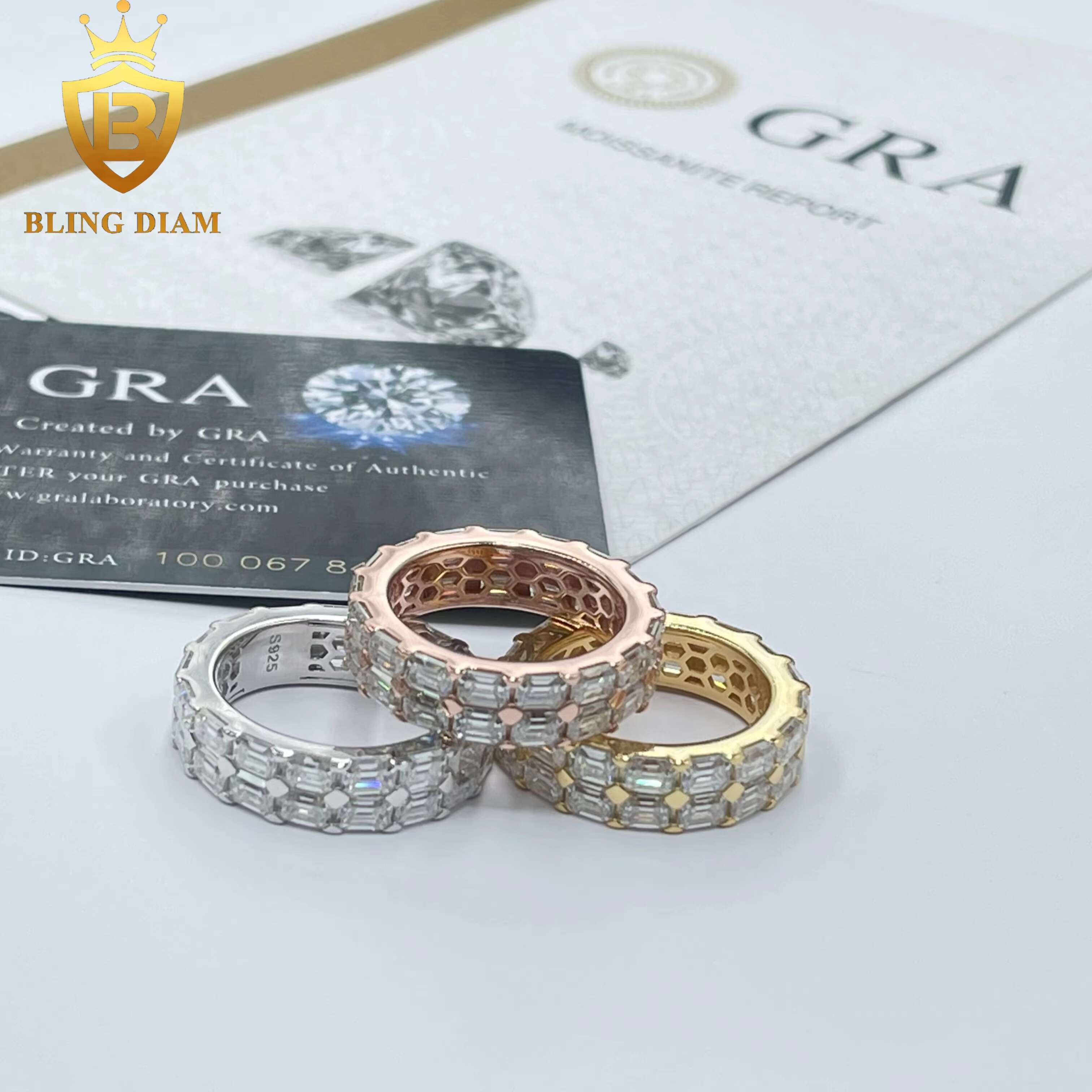 Ready to Ship Fashion Jewelry VVS Moissanite Fully Diamond 18K Gold Plating Mens Rings 925 Solid Silver