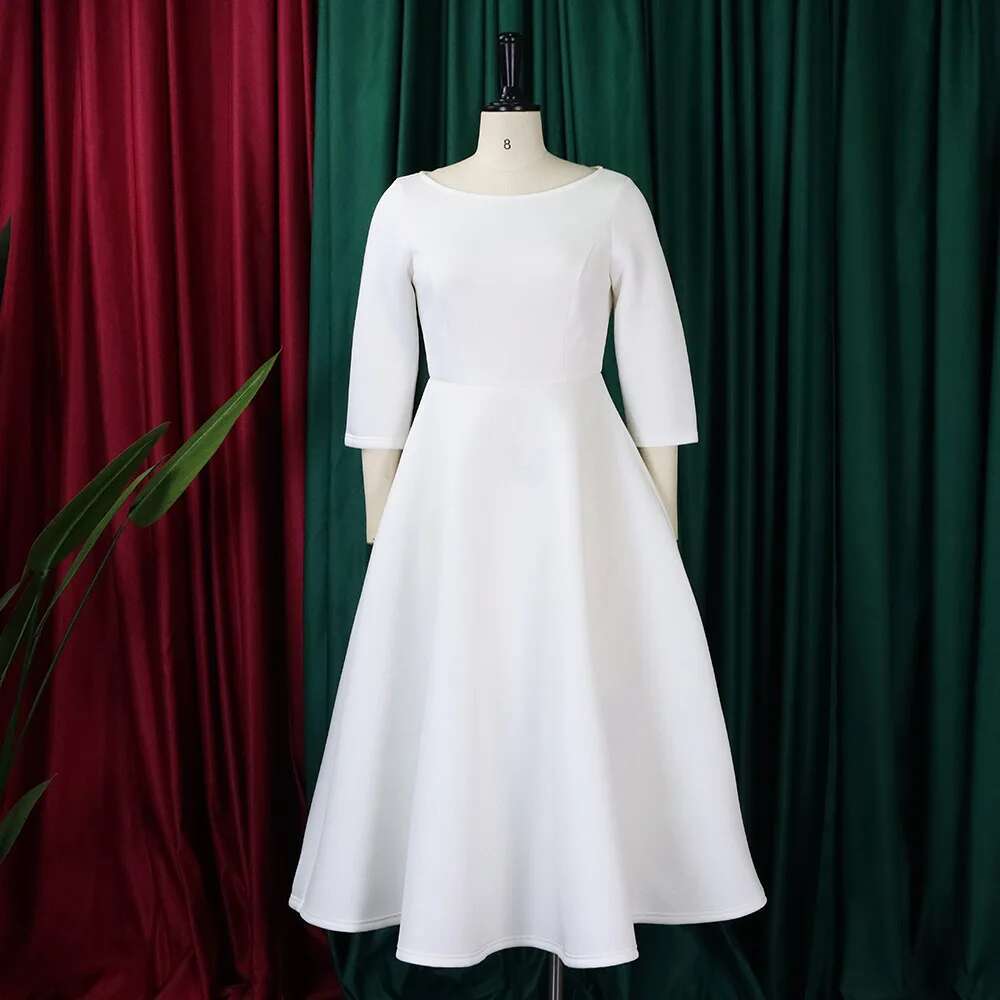 Women White Dresses Party O Neck Three Quarter Sleeves High Waist A Line Pleated Summer Fashion Evening Birthday Gowns 2023 New