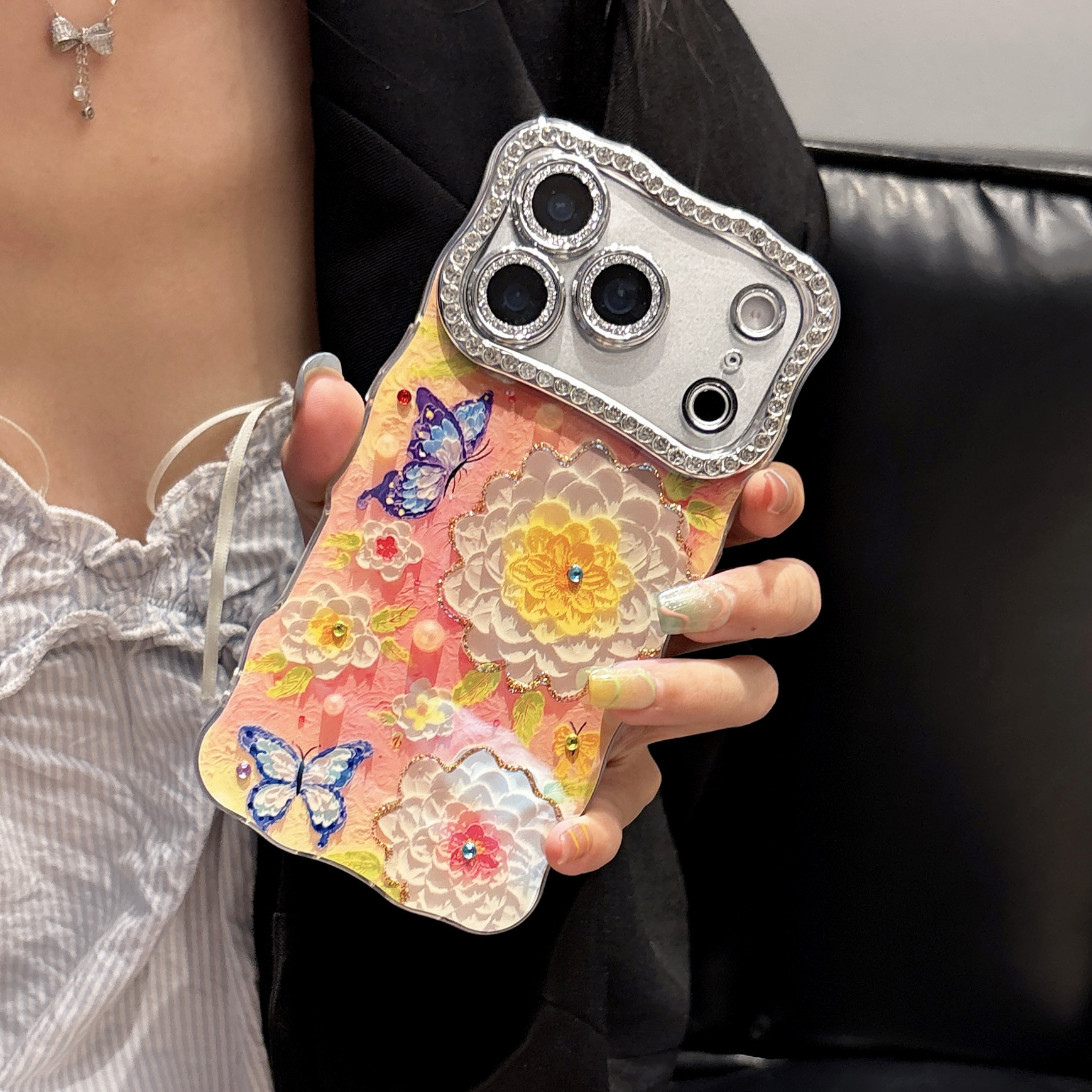 Blue Light Butterfly Camellia Flower Phone Case Compatible with iPhone 17 Pro Max Twisted Edge Protective Case iPhone 16/15