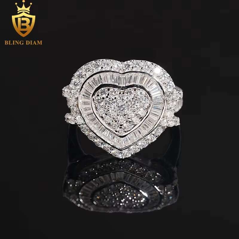 Blingdiam Jewelry Heart Rings Wedding Womens 925 Silver Gold Plated VVS Moissanite Fully Diamond Ice Out