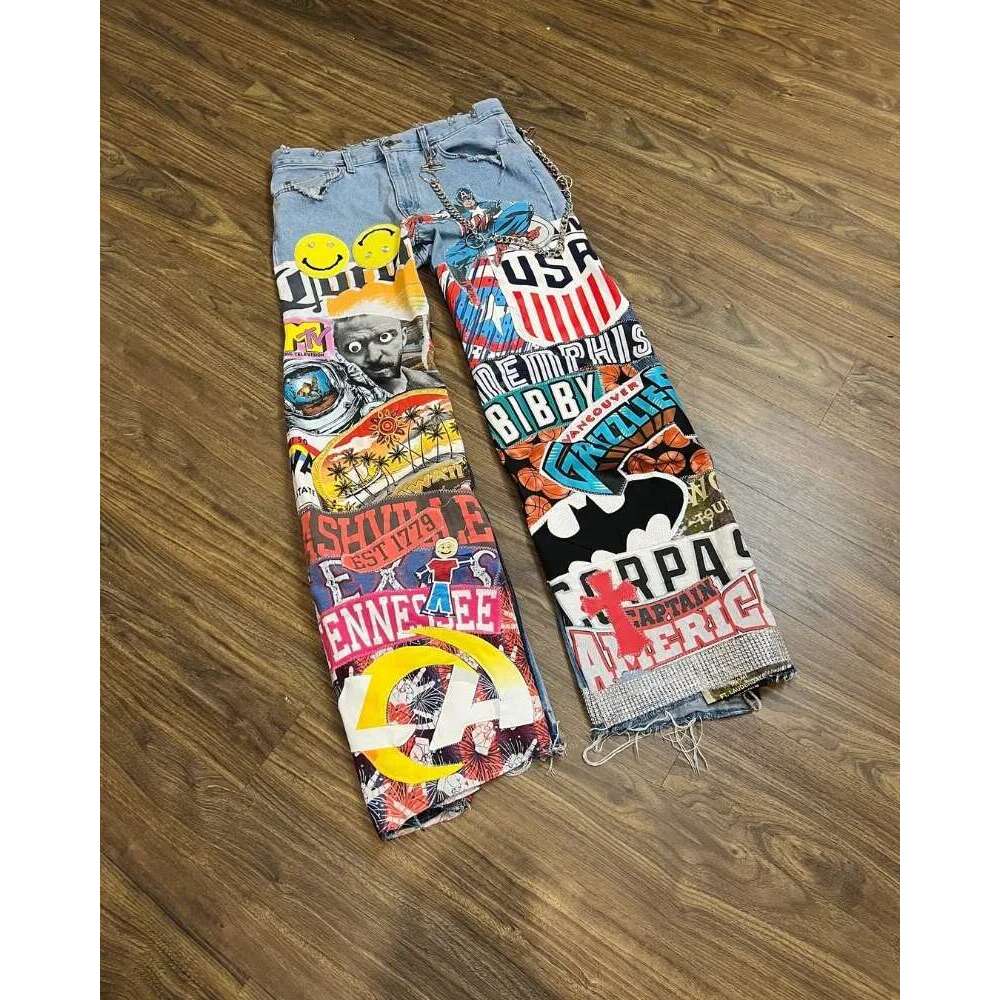 2025 High Waist Wash Trousers Jeans Cartoon Print Super Big Wide-leg Pants Men Y2k Hip-hop Rock Street Clothing free shipping