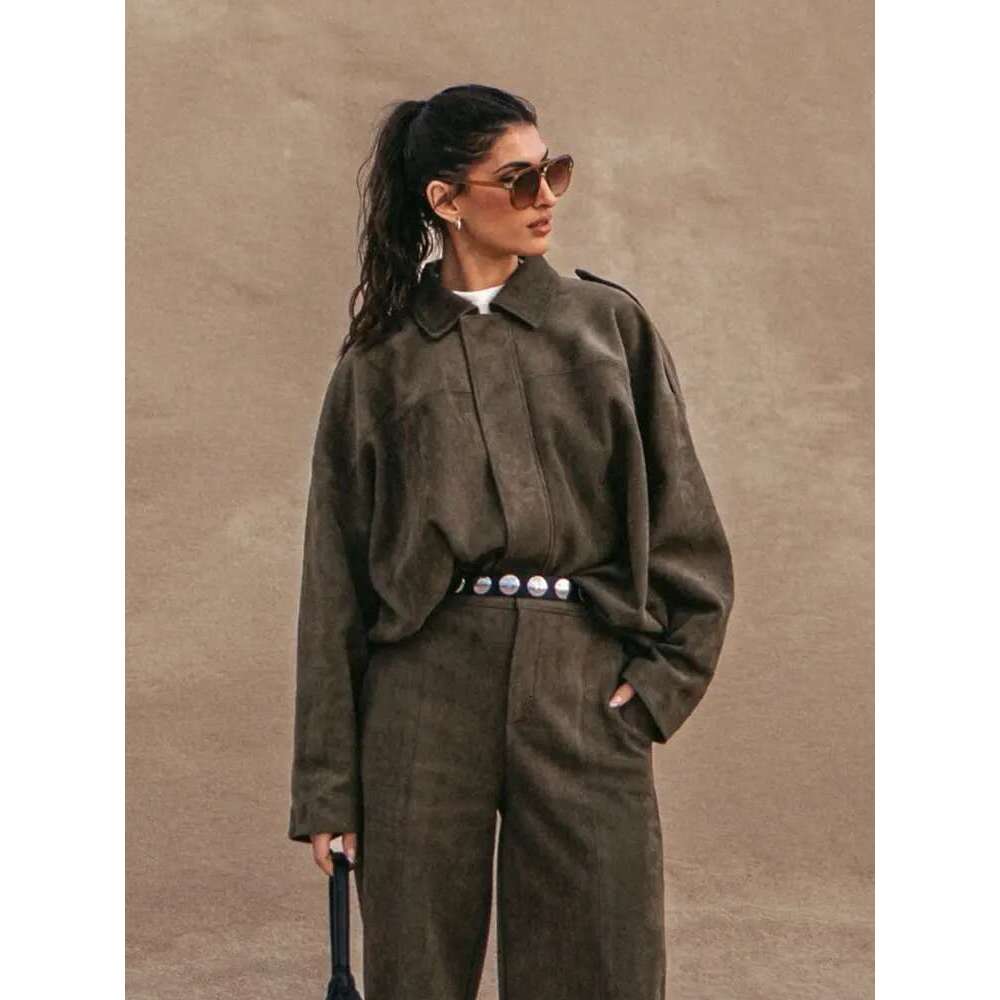 Designer Clothes TRAFZA Female New Spring Vintage Suede Texture Jackets Long Sleeves Solid Lapel Elastic Hem Zipper Fly Loose High Street Coats