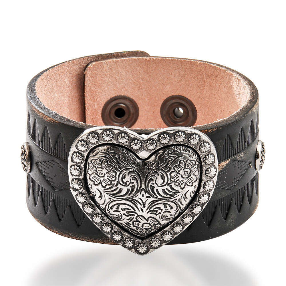 Temu High end Cowhide Love Antique Metal Accessories Imprinted Totem Genuine Leather Bracelet for Men