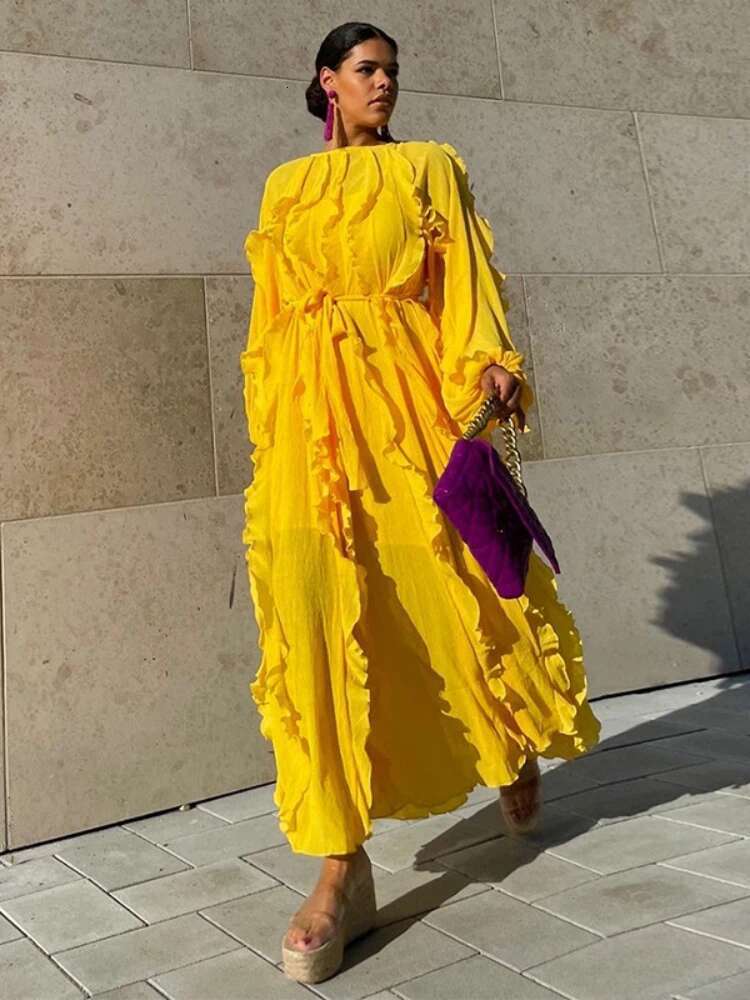 Autumn/Winter New Elegant Round Neck Lantern Sleeve Tie Rope Maxi Sun Dress Women's Solid Color Hundred Fold Evening Dresses