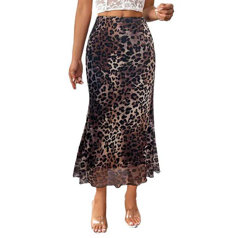 Womens Half Skirt Classic High Waist Office Womens Loose A-line Skirt Fashionable and Elegant Leopard Print Womens Long Skirt M250424