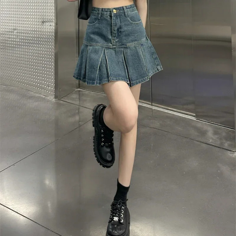 Womens High Waist Elegant Aline Skiing Girl Harajuku Denim Mini Dress Fashion Y2k Blue Packaging Hip Fold 250417