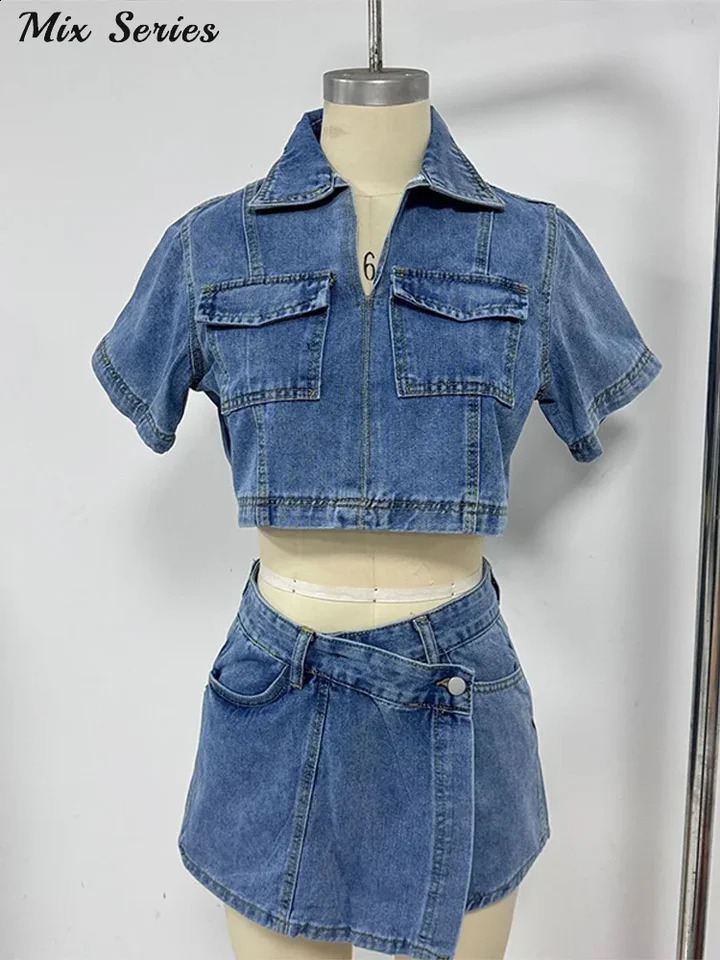 Denim irregular hem tight shorts set for womens ultra-thin short sleeved V-neck crop top high waisted shorts womens Y2k streetwear 250422