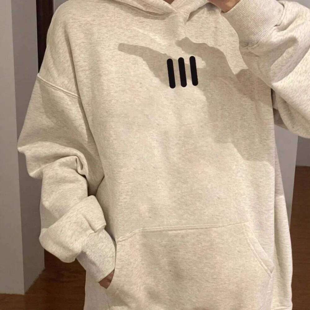 Fleece Lined Hoodie Women's Autumn Winter Spring Thin Long Sleeve Loose Fit White Grey Versatile Casual Cotton Blend Top