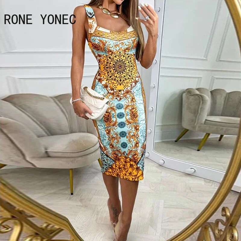 Women All Over Print Vintage Pattern Sleeveless Bodycon Midi Sexy Party Dresses