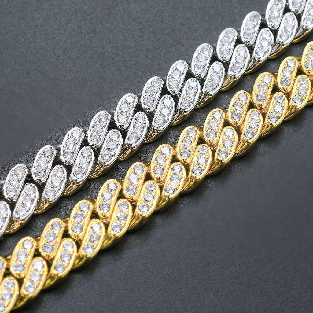 BES 12MM Hip Hop Jewelry Gold Plated Baguette Cuban Chain Cubic Zircon Diamond Prong Miami Iced Out Cuban Bracelet