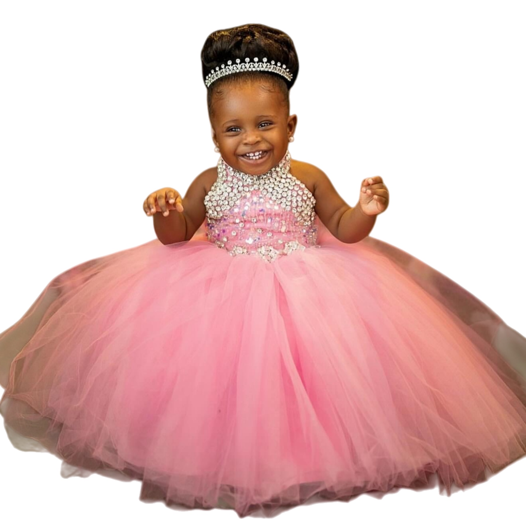 2026 Pink Ball Gown Flower Girl Dresses Crystals Halter Tulle Little Girl Christmas Peageant Birthday Christening Tutu Dress Gowns ZJ422