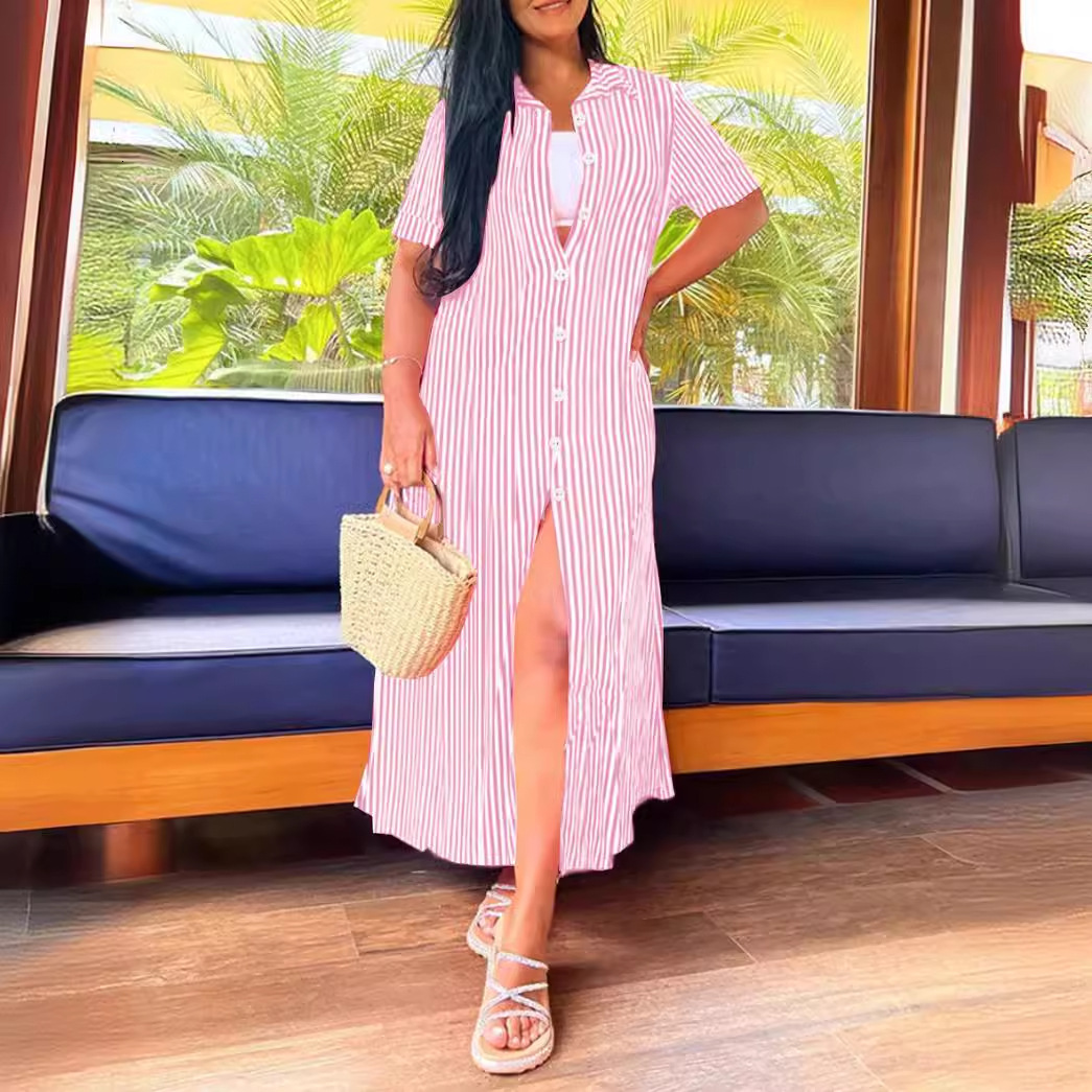 2024 summer short sleeved casual long striped printed dress for women