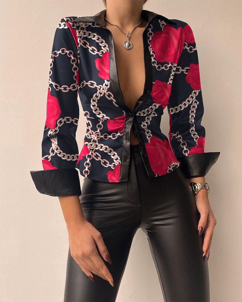 2022 spring long sleeved V-neck PU leather stitched womens shirt