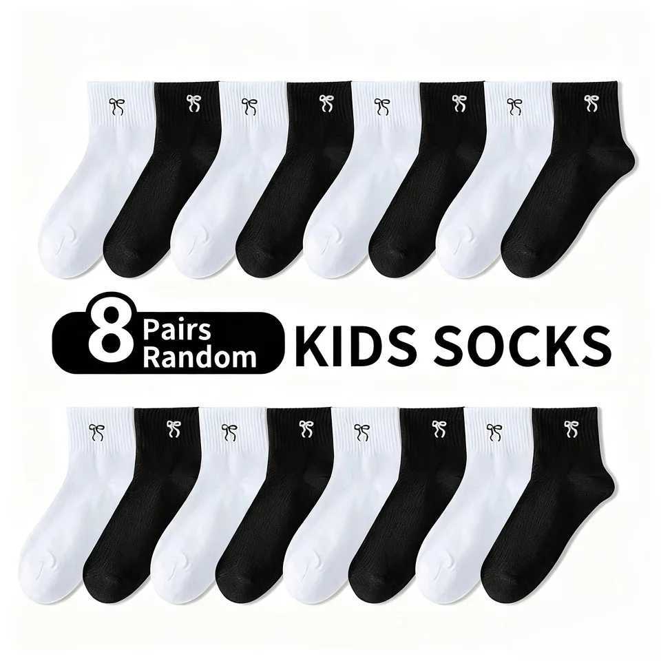 8 Pairs of Randomly Mixed Color Simple Solid Color Childrens Socks Trendy Versatile Mid-Calf Socks with Bow Pattern Suitable for Casual Daily Life G25