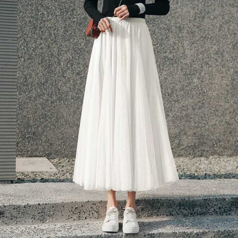 Hot womens mesh elastic Tutu skiing beach spring summer Korean high waist fashionable pleated long leather black and white chiffon skiing M250424