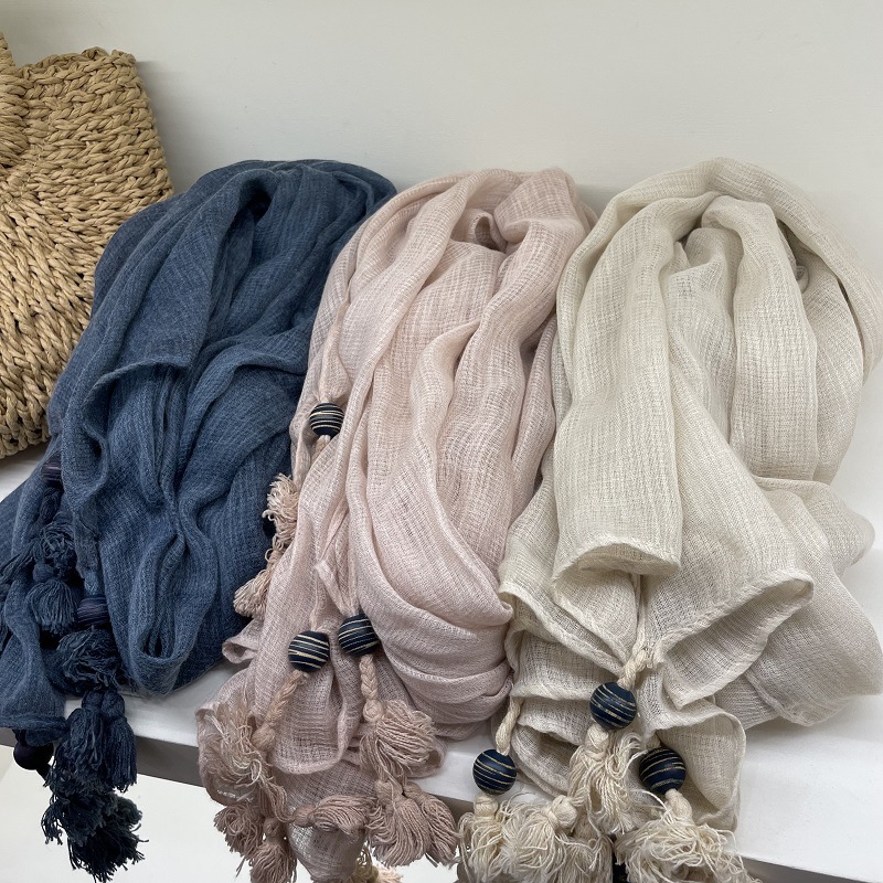 K507 Cotton and linen scarf for women, retro artistic wooden beads hanging beard, solid color silk scarf, spring, autumn and winter versatile long cas