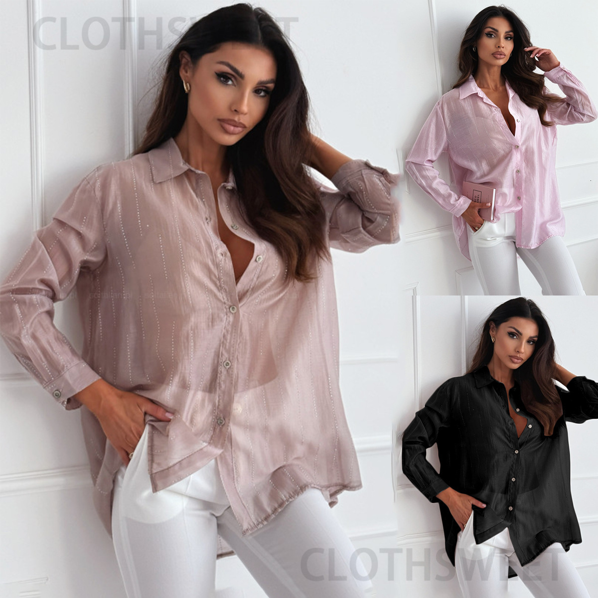 2025 new spring and autumn season simple and fashionable solid color rhinestone long sleeved shirt womens clothing