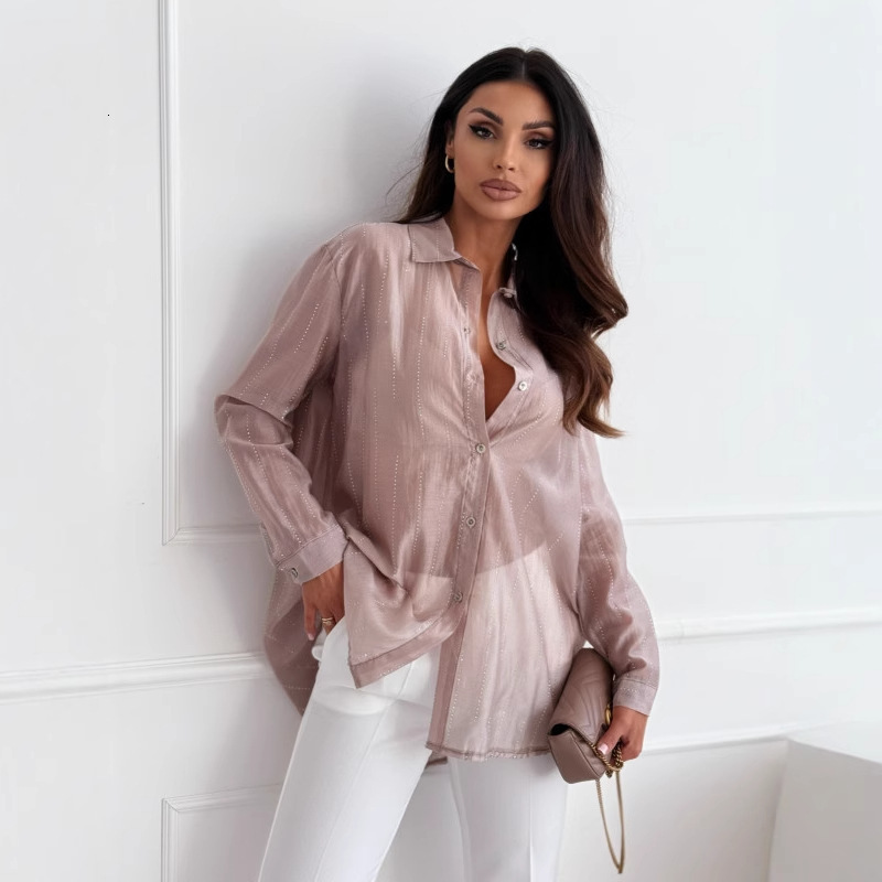 2025 new spring and autumn season simple and fashionable solid color rhinestone long sleeved shirt womens clothing