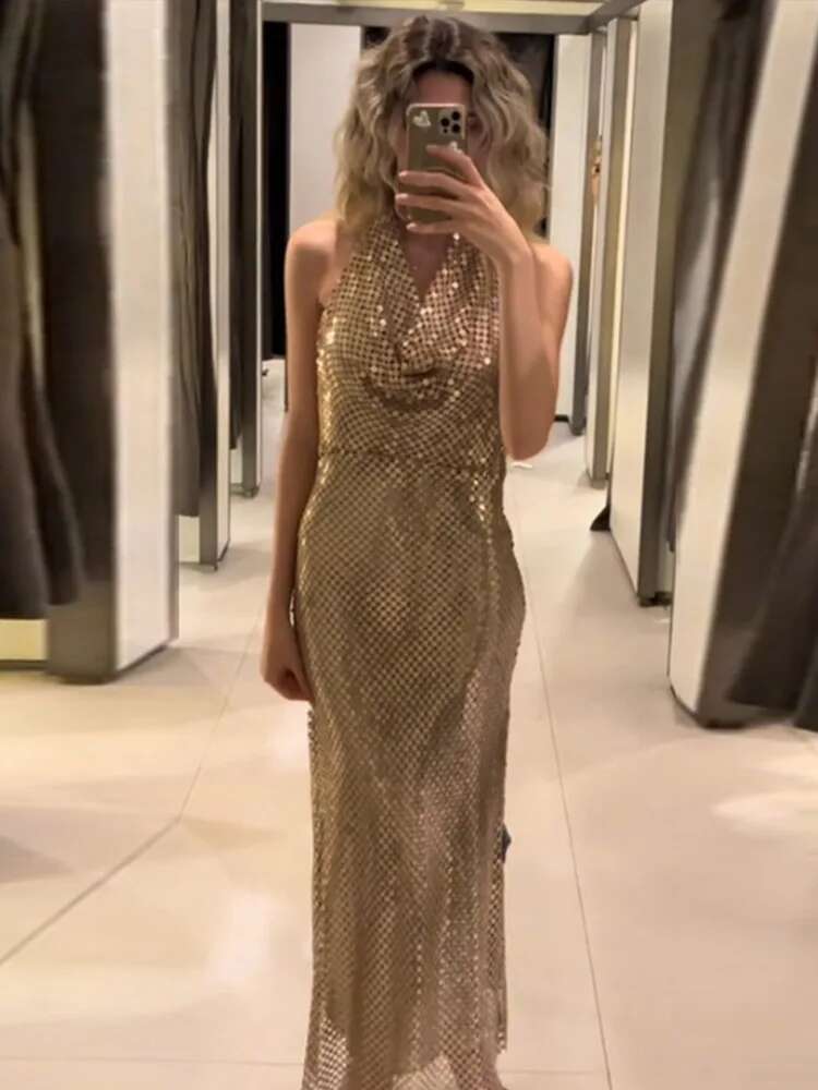 Backless Sequin Halter Maxi Dress Women Sexy V-Neck Long Dresses Female High Waist 2024 Party Evening Club Lady Sleeveless Robes