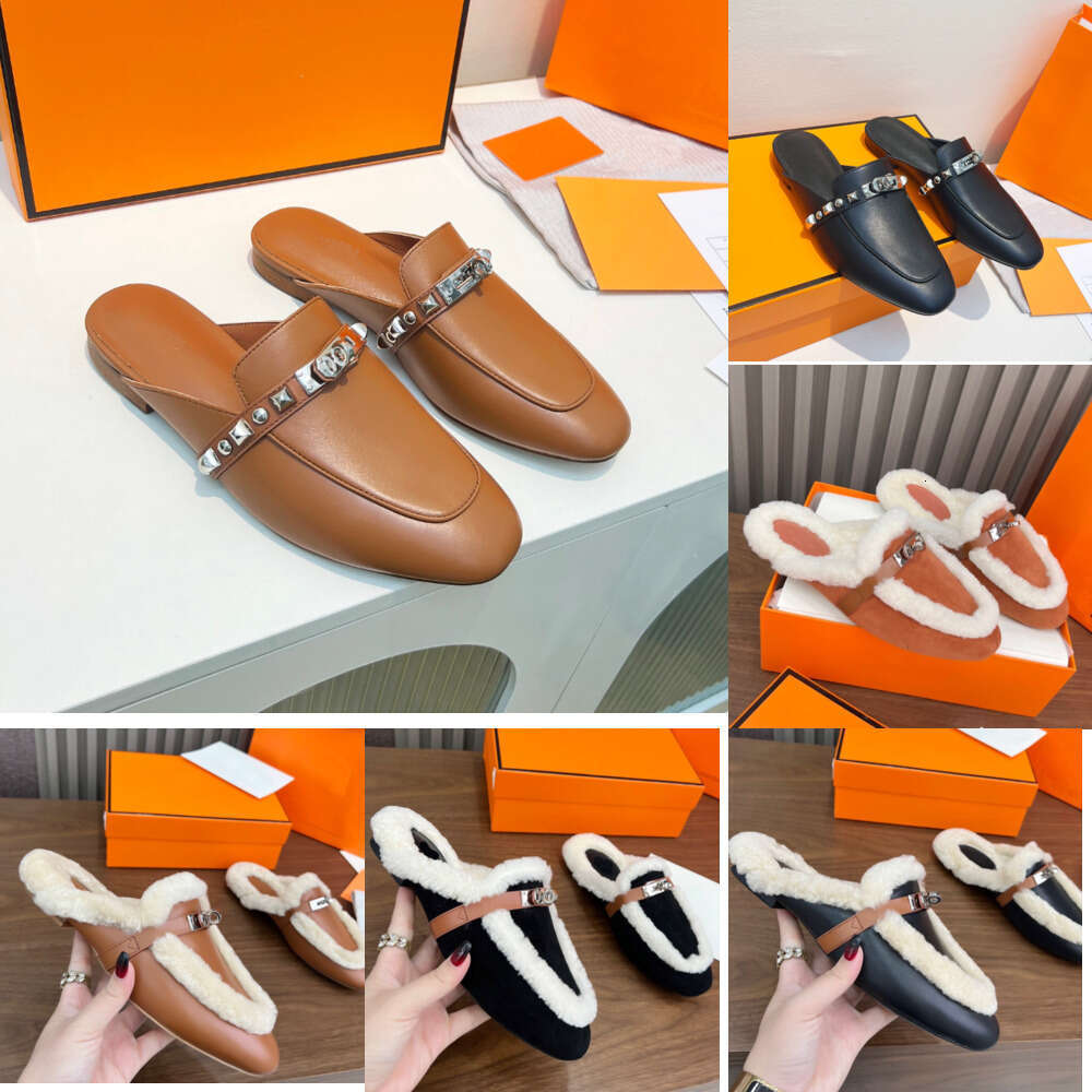 10 A Designer shoe Woman mule fur slide clog sandal leather flat fluffy Furry Warm Fur Shoes cool shearling slipper Kelly buckle Winter Slide Mules slide furry slide