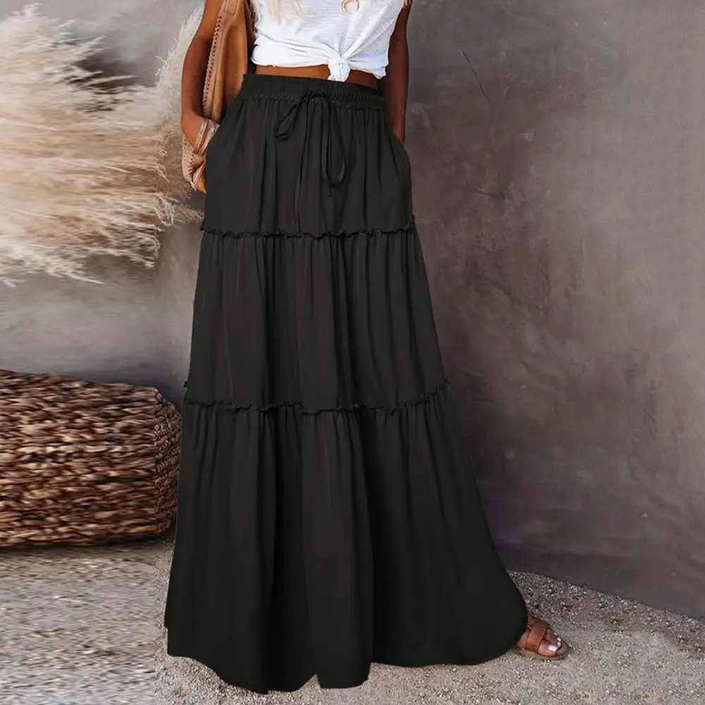 90s Retro Ruffle Skiing Maxi Shirt Retro Ruffle Holiday A-Line Boho High Waist Long Skiing Board Laminated Maxi Skiing Board M250424