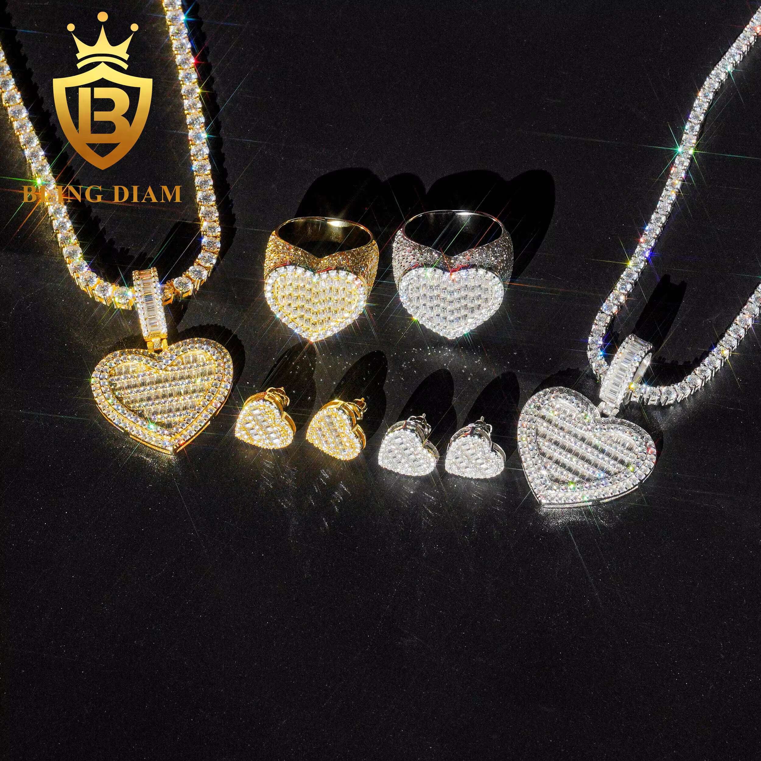 Moissanite Hip Hop Jewelry Luxury Heart Shape Pendant Earrings Cuban Ring Set Moissanite Custom Pendant 925 Silver Iced Out Gift