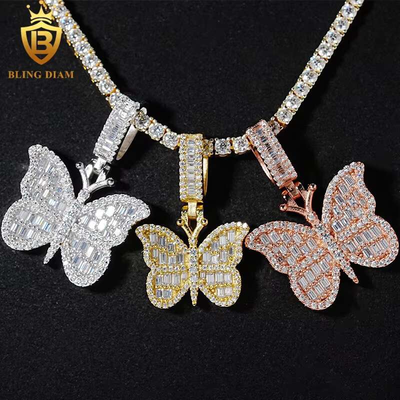 Factory Wholesale Fashion Fine Jewelry 925 Sterling Silver Vvs Moissanite Iced Out Butterfly Charm Pendant Necklace