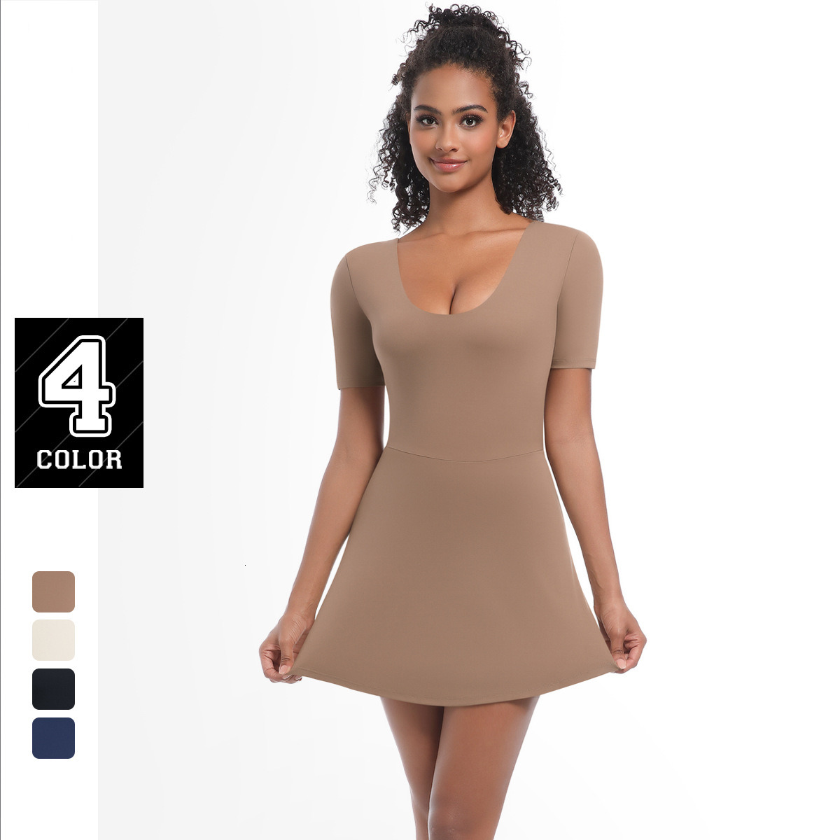 Sexy tight tennis hip hugging skirt, short sleeved leggings, fitness solid color sports dress