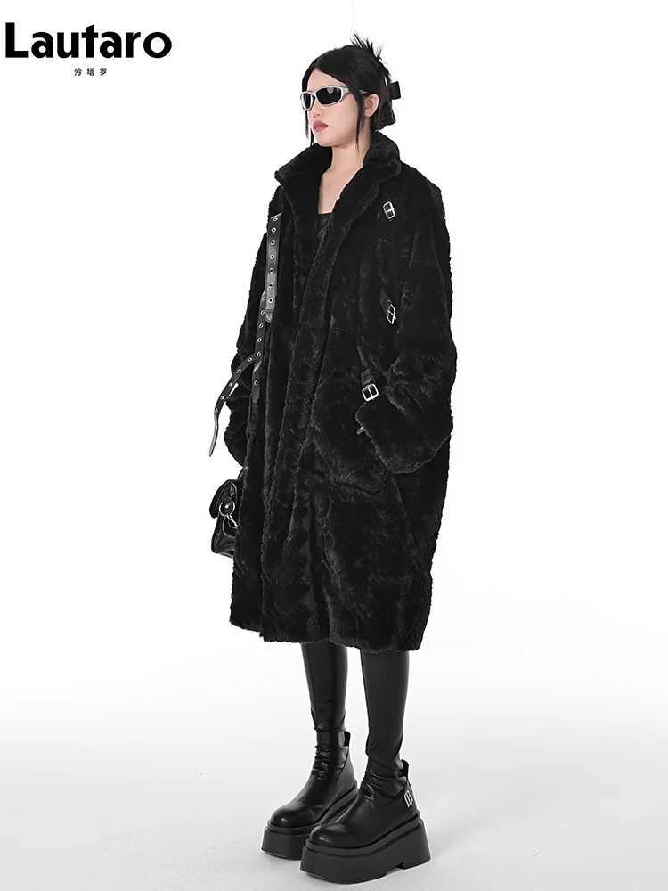 Lautaro Winter Cool Long Loose Casual Soft Thick Warm Black Fuzzy Faux Fur Coat Women Stand Collar Punk Style Fluffy Jacket 2023 J251124